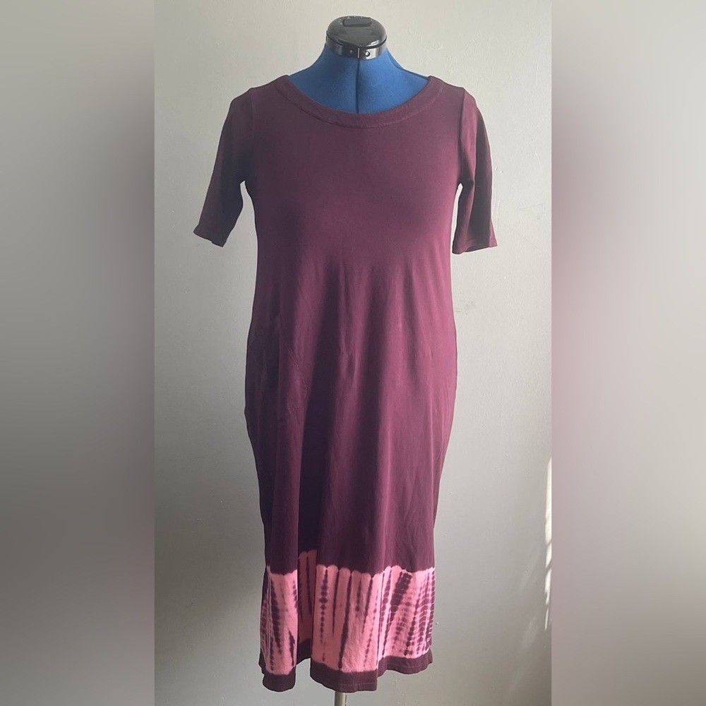 Pure Jill Midi Dress Tie-dyed Border Maroon Sz XS 100 Cotton Cottagecore Boho